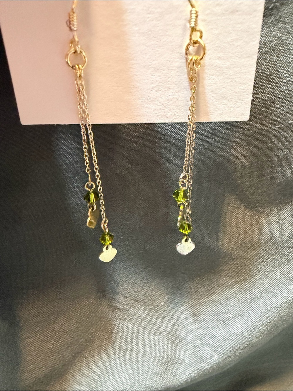 Source Unknown Gold-Tone Chain Earrings with Olive Green Crystals